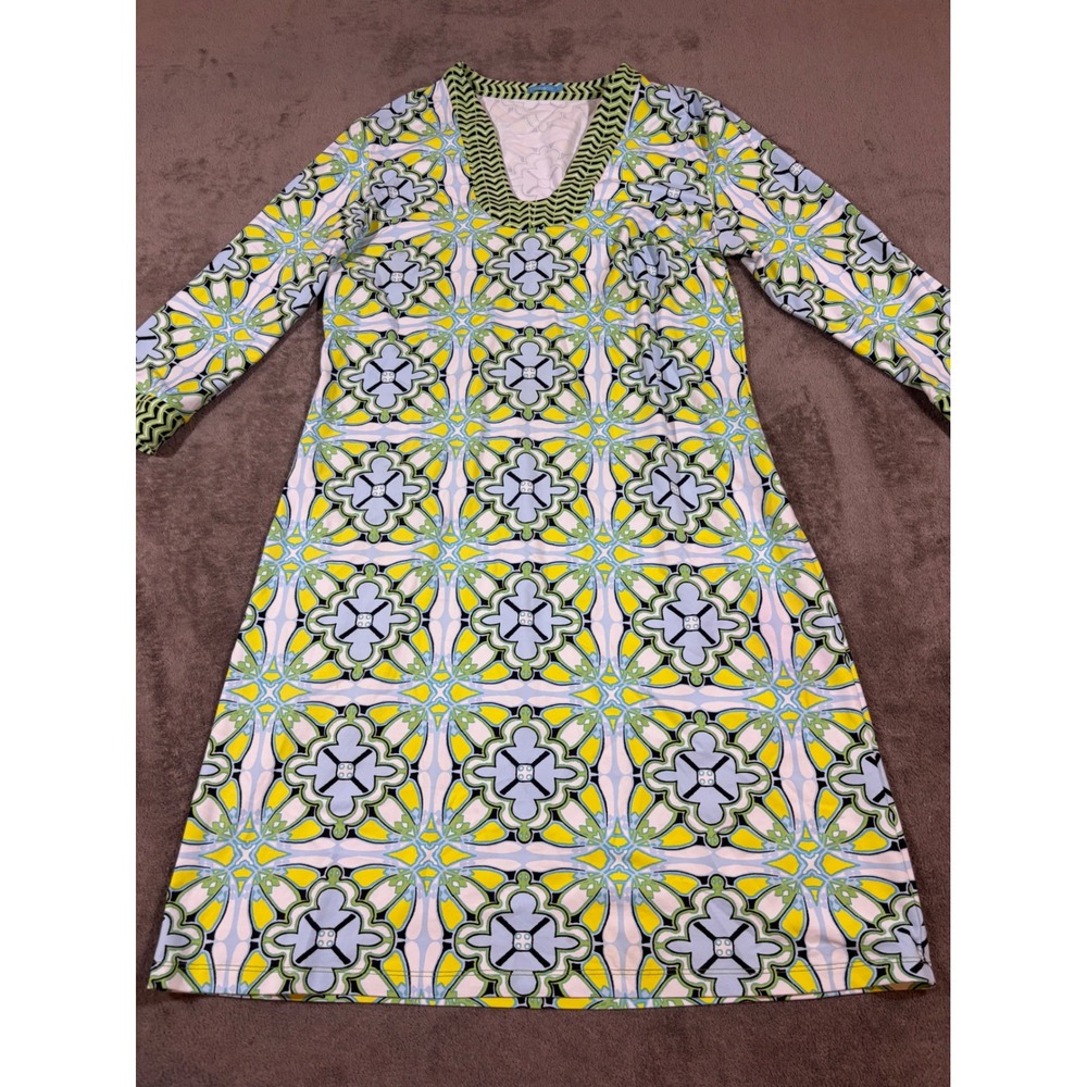 J McLaughlin Catalina Cloth Dress L Green Blue Geometric V-Neck Long Sleeve